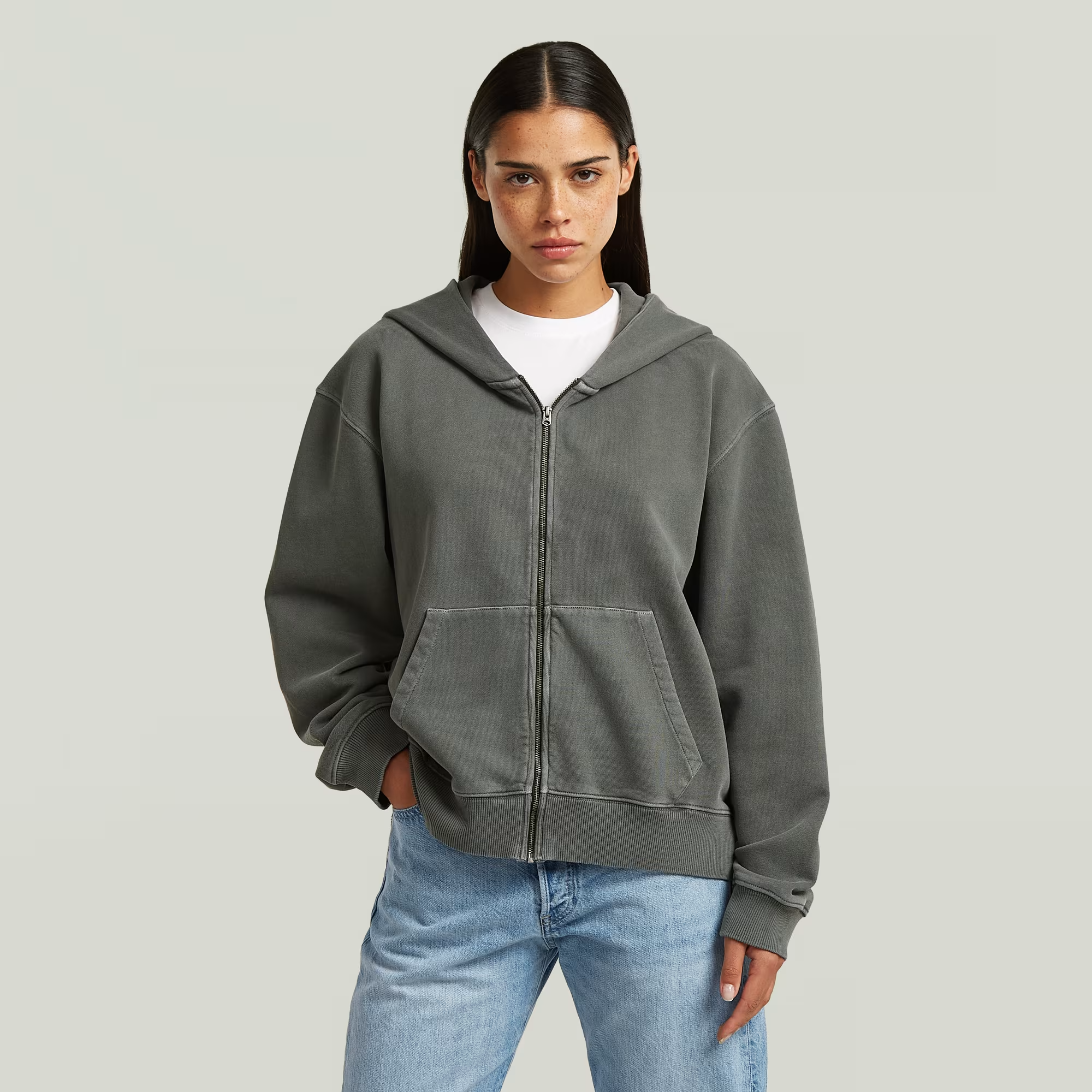 Washed Hoodie Zip Relaxed Sweater - Grey - Women, Sweatshirts-Hoodies, G-Star RAW catalog