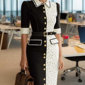 Urban Polka Dots Puff Sleeve Printing Shawl Collar Knee Length Dress No Belt, Midi Dresses, color:Black-white|size:XXL, Stylewe