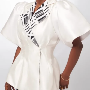 Urban Puff Sleeve Geometric Color BlockLapel Collar Blazer, Blazers, color:White|size:XXL, Stylewe
