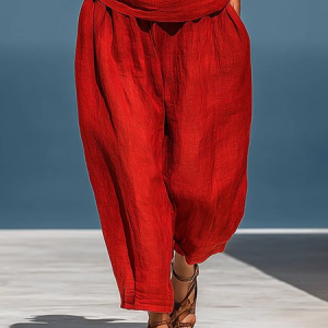 Cotton And Linen Casual Plain Distressing Baggy Pants, Pants, color:Red|size:XXL, Stylewe