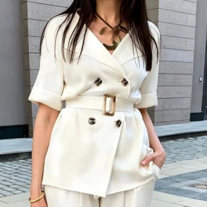 Urban Buttoned Plain Lapel Collar Blazer With Belt, Blazers, color:White|size:XXL, Stylewe