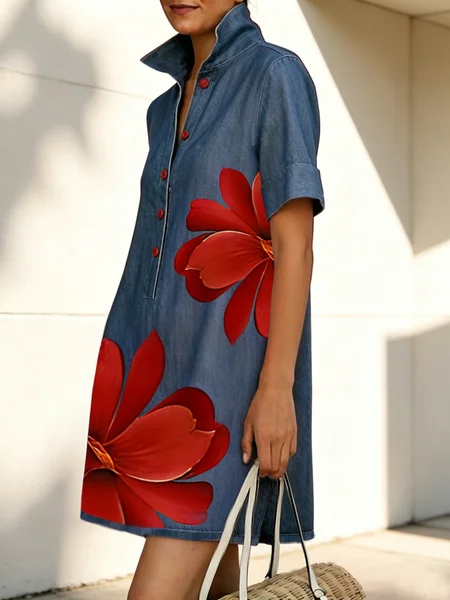 Casual Floral Buttoned Shawl Collar Soft Tencel Denim Mini Dress, Mini Dresses, color:Red|size:XXL, Stylewe - Image 2
