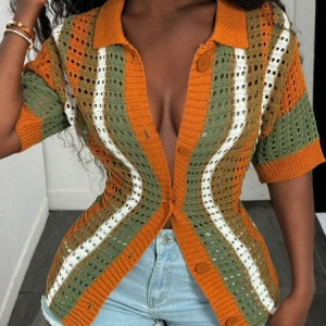Casual Color Block Buttoned Shawl Collar Knit Top, Cardigans, color:Orange|size:XXL, Stylewe
