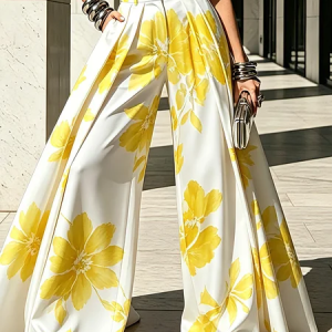 Urban Floral Printing Wide Leg Pants, Pants, color:Yellow|size:XXL, Stylewe