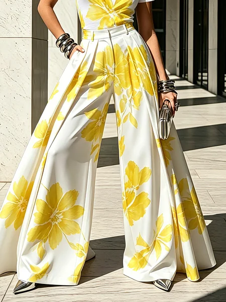 Urban Floral Printing Wide Leg Pants, Pants, color:Yellow|size:XXL, Stylewe