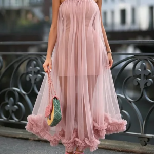 Elegant Plain Peplum Strapless Maxi Dress, Maxi Dresses, color:Pink|size:XXL, Stylewe