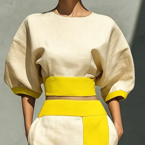 Cotton And Linen Urban Color Block Split Joint Crew Neck Blouse, Blouses and Shirts, color:As Picture|size:XXL, Stylewe