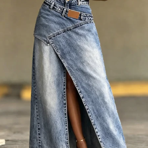 Casual Slit Plain Maxi Denim Skirt, Denim Skirts, color:Blue|size:XXL, Stylewe