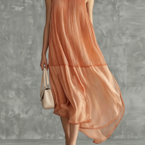Elegant Plain Split Joint Crew Neck Midi Dress, Midi Dresses, color:Orange|size:XXL, Stylewe