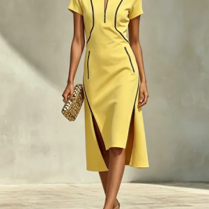 Urban Color Block Zipper Stand Collar Midi Dress, Midi Dresses, color:Yellow|size:XXL, Stylewe