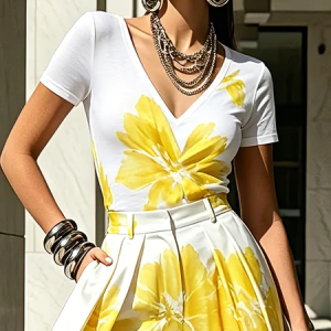 Urban Floral Printing V Neck T-shirt, Tees, color:Yellow|size:XXL, Stylewe