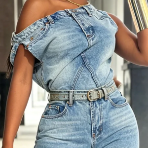 Casual Plain Distressing Off The Shoulder Denim Top, Tops, color:Blue|size:XXL, Stylewe