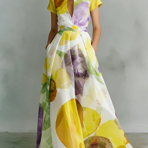 Plus Size Vacation Floral Printing Stand Collar Maxi Dress, Plus Dresses, color:As Picture|size:4X, Stylewe