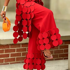 Urban High Waisted Wide Leg Pants Circle Applique Party Trousers, Pants, color:Red|size:XXL, Stylewe