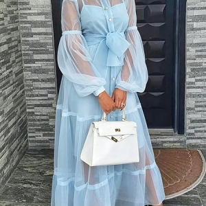 Elegant Plain Shirt Collar Maxi Dress With Belt, Maxi Dresses, color:Blue|size:XXL, Stylewe
