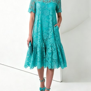 Urban Plain Lace Crew Neck Midi Dress, Midi Dresses, color:Blue|size:XXL, Stylewe