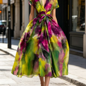 Elegant Random Print Printing Shawl Collar Midi Dress With Belt, Cocktail Dresses, color:As Picture|size:XXL, Stylewe
