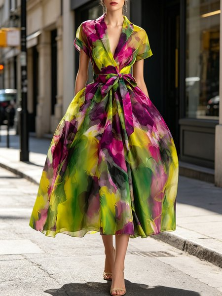 Elegant Random Print Printing Shawl Collar Midi Dress With Belt, Cocktail Dresses, color:As Picture|size:XXL, Stylewe