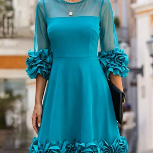 Elegant Plain 3D Floral Crew Neck Knee Length Dress, Mini Dresses, color:Lake Blue|size:XXL, Stylewe