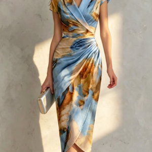 Elegant Abstract Printing Shawl Collar Midi Dress, Midi Dresses, color:Blue|size:XXL, Stylewe