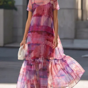 Elegant Abstract Printing Tie Neck Maxi Dress With an Underlayer, Maxi Dresses, color:Purple|size:XXL, Stylewe