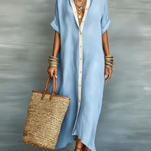 Casual Colorblock Relaxed Maxi Shirt Dress, Maxi Dresses, color:Blue|size:XXL, Stylewe