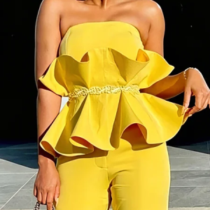 Elegant Plain Peplum Strapless Blouse, Blouses and Shirts, color:Yellow|size:XXL, Stylewe