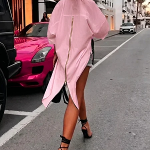 Cotton Casual Plain Zipper Shirt Collar Shirt, Blouses and Shirts, color:Pink|size:XXL, Stylewe