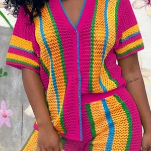 Casual Color Block Buttoned Shawl Collar Knit Top, Pullovers, color:Pink|size:XXL, Stylewe