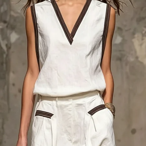 Cotton And Linen Urban Plain V Neck Blouse, Blouses and Shirts, color:White|size:XXL, Stylewe