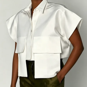 Urban Plain Pockets Shirt Collar Shirt, Blouses and Shirts, color:White|size:XXL, Stylewe