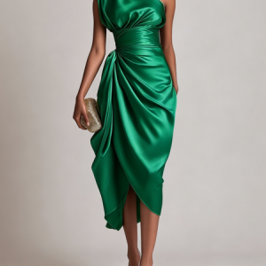 Elegant Plain Ruched One Shoulder Midi Dress, Cocktail Dresses, color:Green|size:XXL, Stylewe