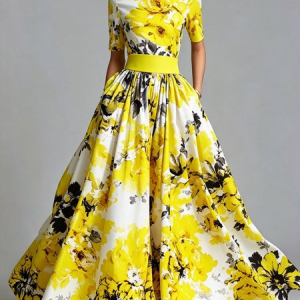 Elegant Floral Printing Crew Neck Maxi Dress, Maxi Dresses, color:Yellow|size:XXL, Stylewe