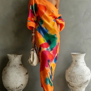 Casual Abstract Print H-Line Asymmetrical Maxi Dress With Belt, Maxi Dresses, color:Orange|size:XXL, Stylewe