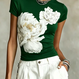 Casual Floral Slim Fit Graphic T-Shirt, Tees, color:Green|size:XXL, Stylewe