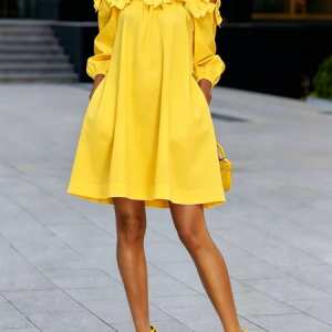 Elegant Solid Cold Shoulder A-Line Mini Dress, Mini Dresses, color:Yellow|size:XXL, Stylewe