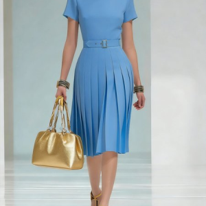 Urban Plain Pleated Crew Neck Midi Dress With Belt, Midi Dresses, color:Blue|size:XXL, Stylewe