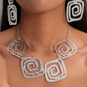 Textured Openwork Pleated Square Necklace, Other Accs, color:Silver|size:One-size, Stylewe