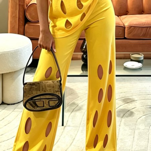 Casual Plain Hollow Out Wide Leg Pants, Pants, color:Yellow|size:XXL, Stylewe