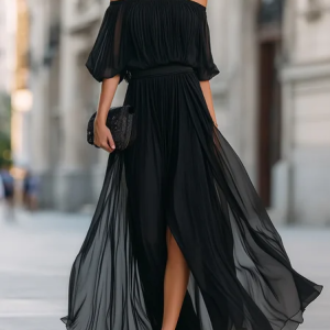 Elegant Plain Balloon Sleeve Off The Shoulder Maxi Dress, Maxi Dresses, color:Black|size:XXL, Stylewe