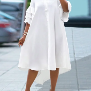 Casual Plain Buttoned Peplum Mini Dress, Midi Dresses, color:White|size:XXL, Stylewe