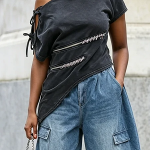 Urban Plain Zipper Asymmetrical Blouse, Blouses and Shirts, color:Gray|size:XXL, Stylewe