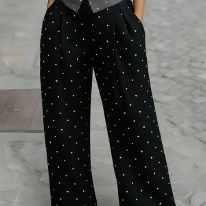 Plus Size Urban Plain Hot Drilling Wide Leg Pants, Plus Pants, color:Black|size:4X, Stylewe