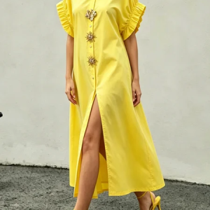 Urban Plain Button Detail Shirt Collar Maxi Dress, Maxi Dresses, color:Yellow|size:XXL, Stylewe
