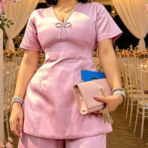 Satin Elegant Plain Bow V Neck Blouse, Blouses and Shirts, color:Pink|size:XXL, Stylewe