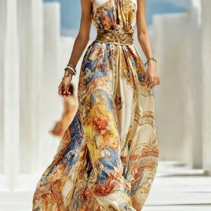 Vacation 3D Printing Halter Neck Maxi Dress No Belt, Maxi Dresses, color:As Picture|size:XXL, Stylewe
