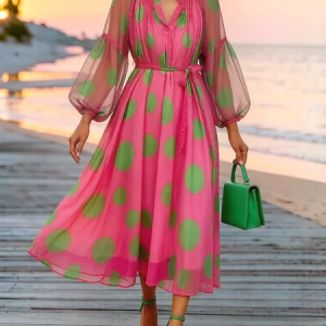 Elegant Polka Dots Printing Midi Dress With Belt, Maxi Dresses, color:Pink|size:XXL, Stylewe