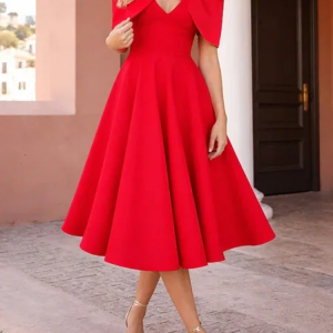 Elegant Plain Ruched Crew Neck Midi Dress, Cocktail Dresses, color:Red|size:XXL, Stylewe