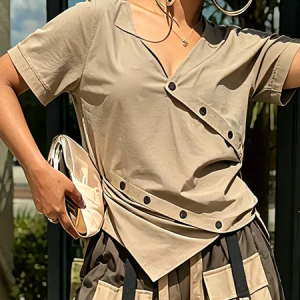 Casual Color Block Buttoned V Neck Blouse, Blouses and Shirts, color:Khaki|size:XXL, Stylewe