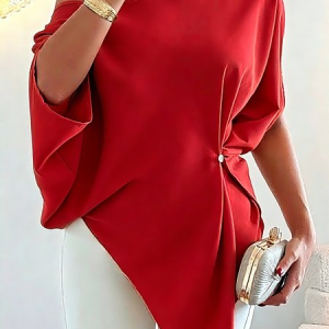 Urban Plain Buttoned Blouse, Blouses and Shirts, color:Red|size:XXL, Stylewe